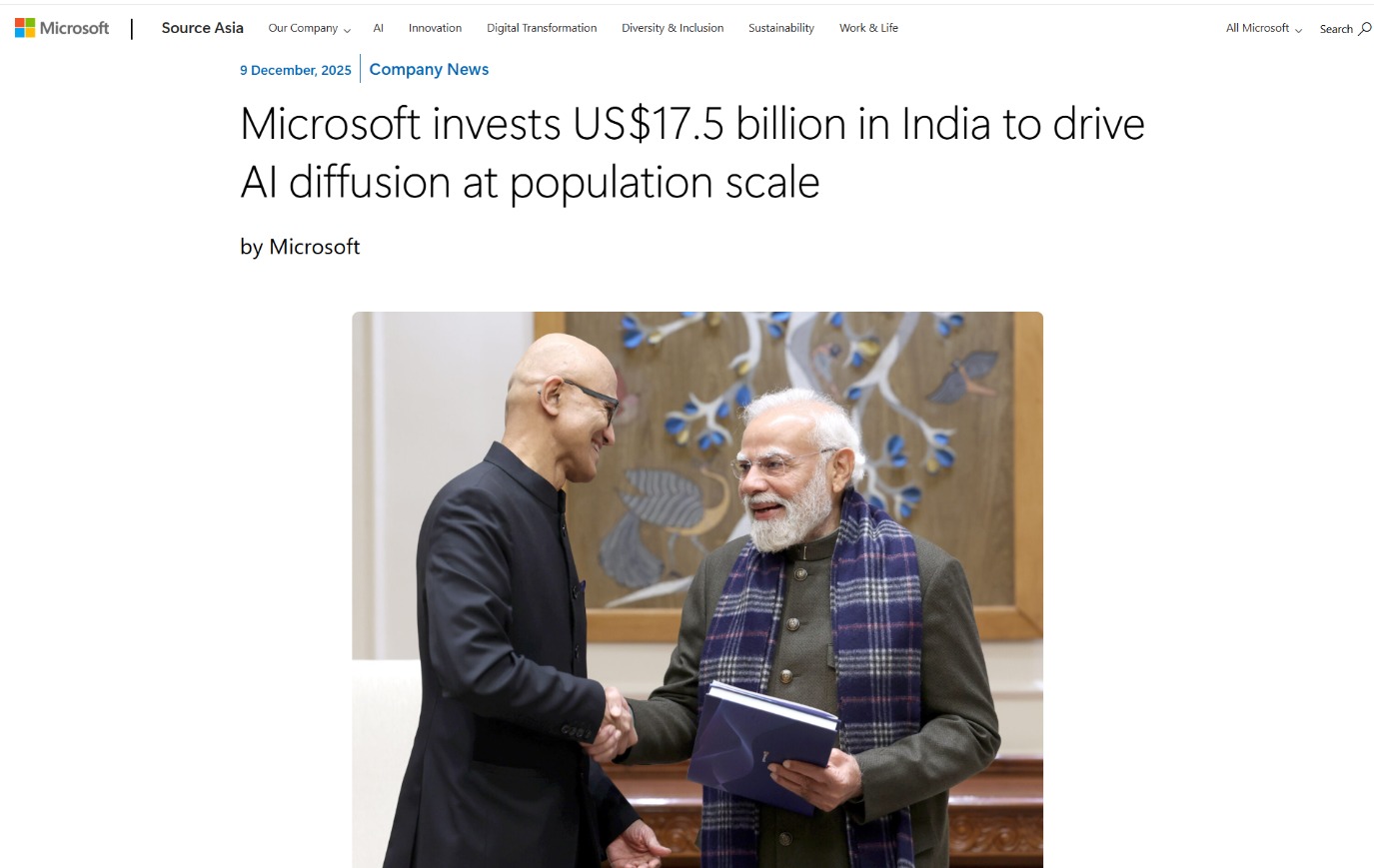 微软史上最大亚洲投资计划：在印豪掷175亿美元 兴建AI数据中心