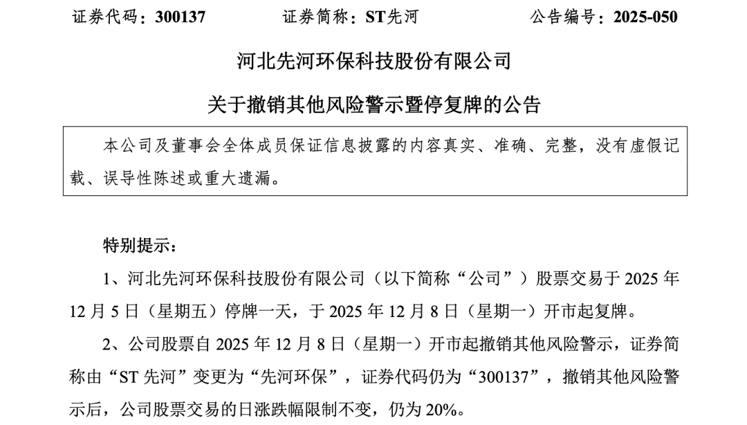 ST先河摘帽下周一复牌 成立新公司涉足AI