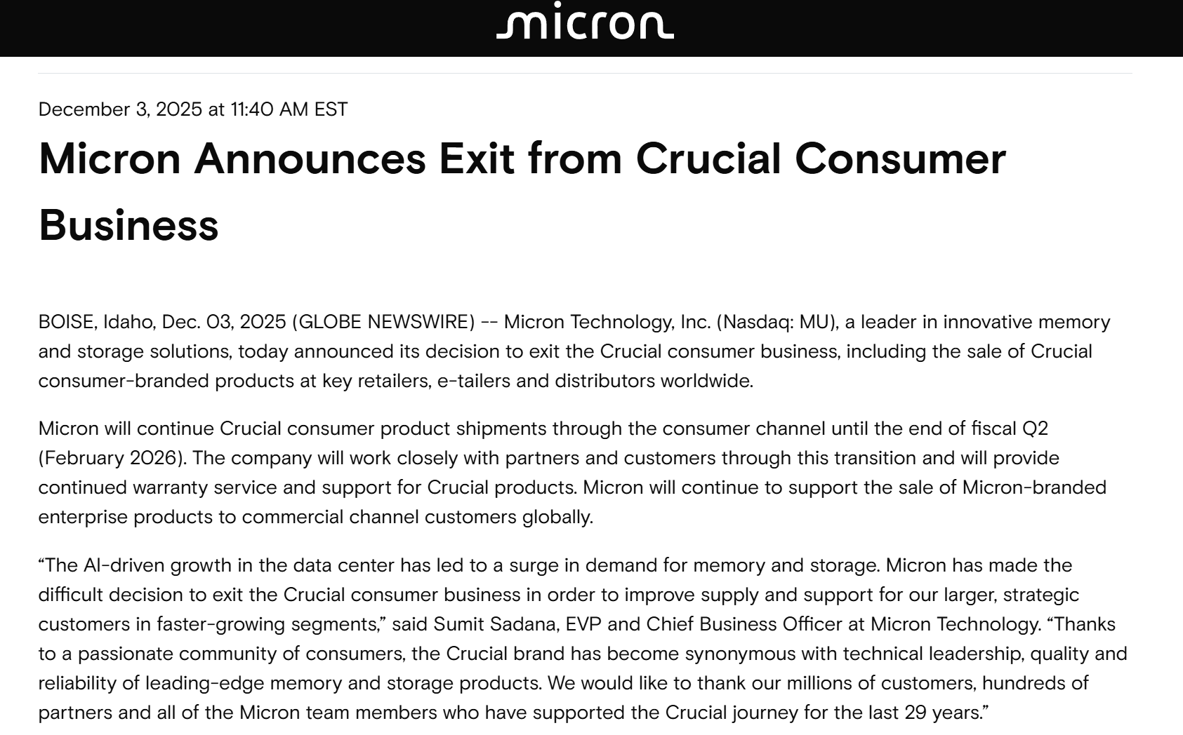 AI的钱太好赚！美光宣布“艰难决定”：退出零售存储业务